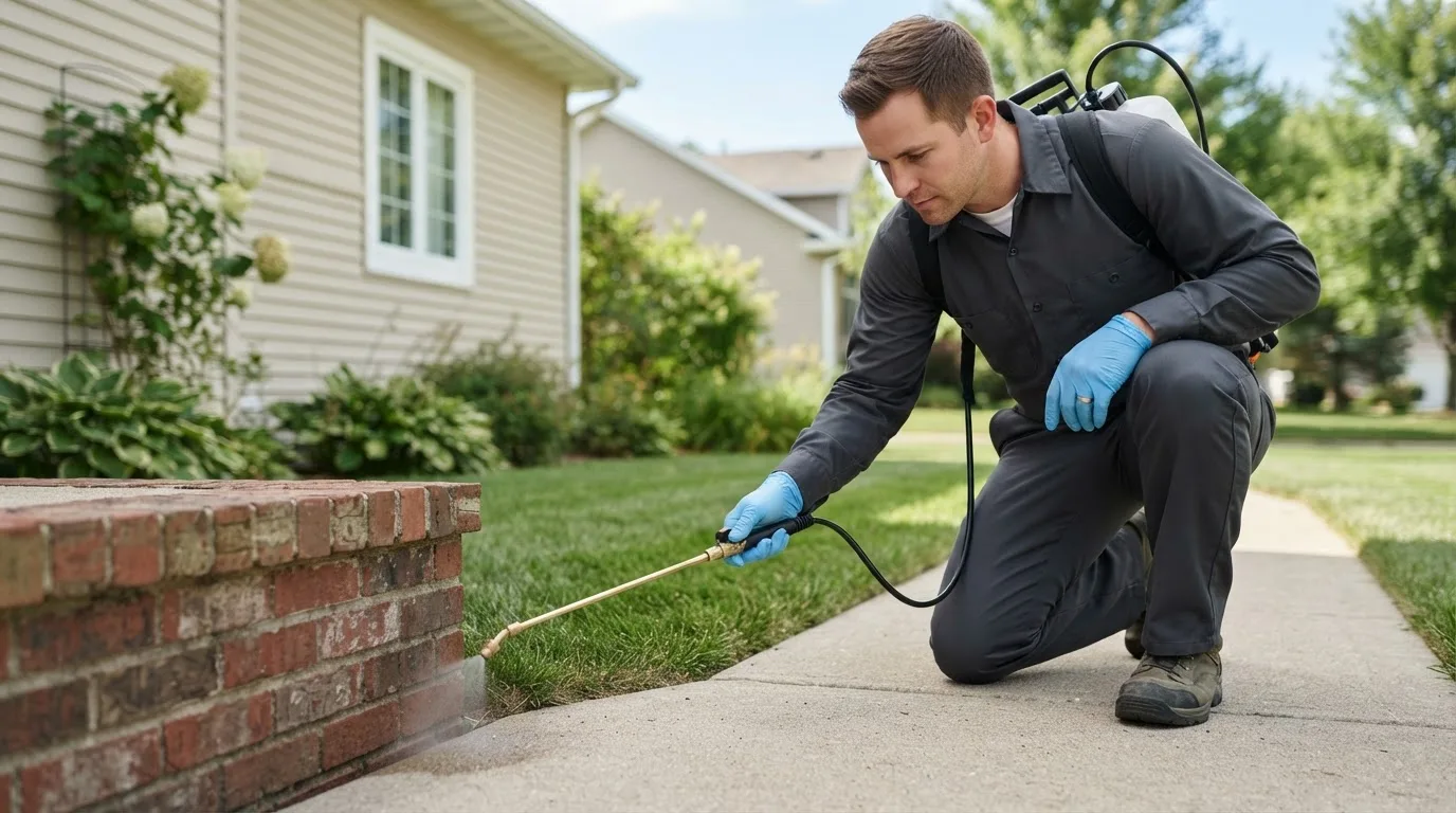 Pest control technician treating a home near Rector, AR